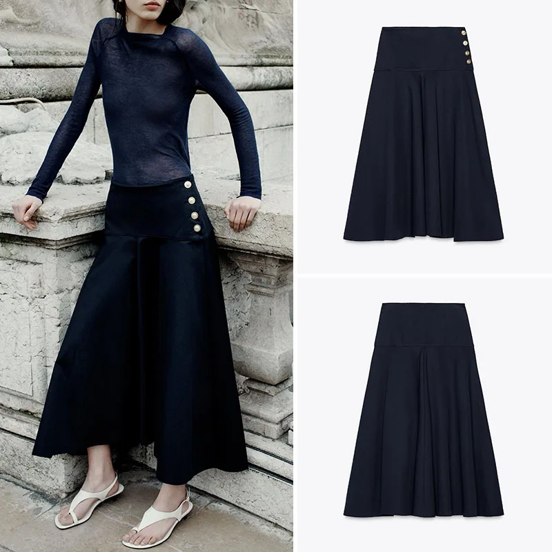 

Spring New Arrival Women's Long Skirt Belt Sle Button Decoration Street Sle Loose Fit Pure Color Faion Accory