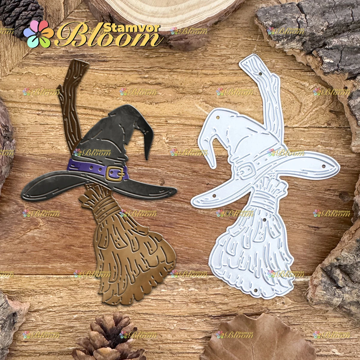 Original Retro Halloween Broom and Wizard Hat Metal Cutting Dies Scrapbooking Decorative Embossing