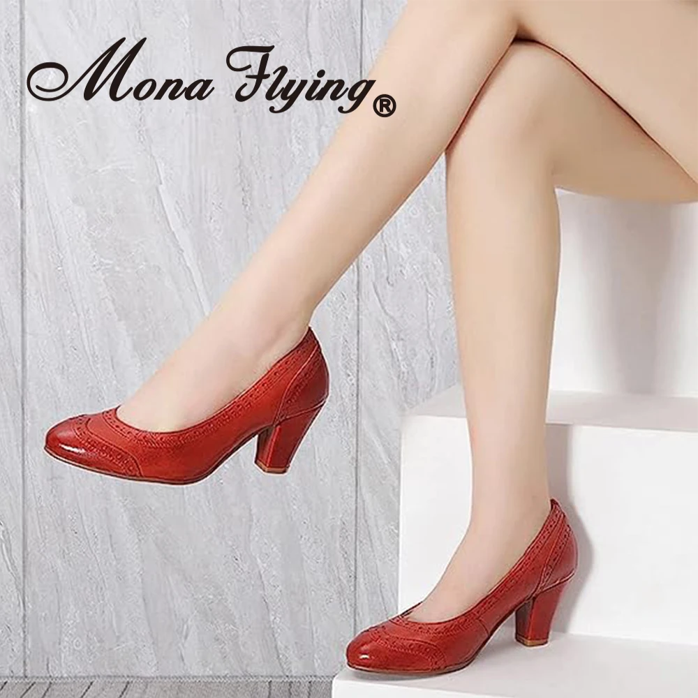 

Mona flying Women's Fashion Genuine Leather High Heel Dress Pump 7 cm Chunky Heel Round Toe Office Heel Shoes for Ladies 205-A1