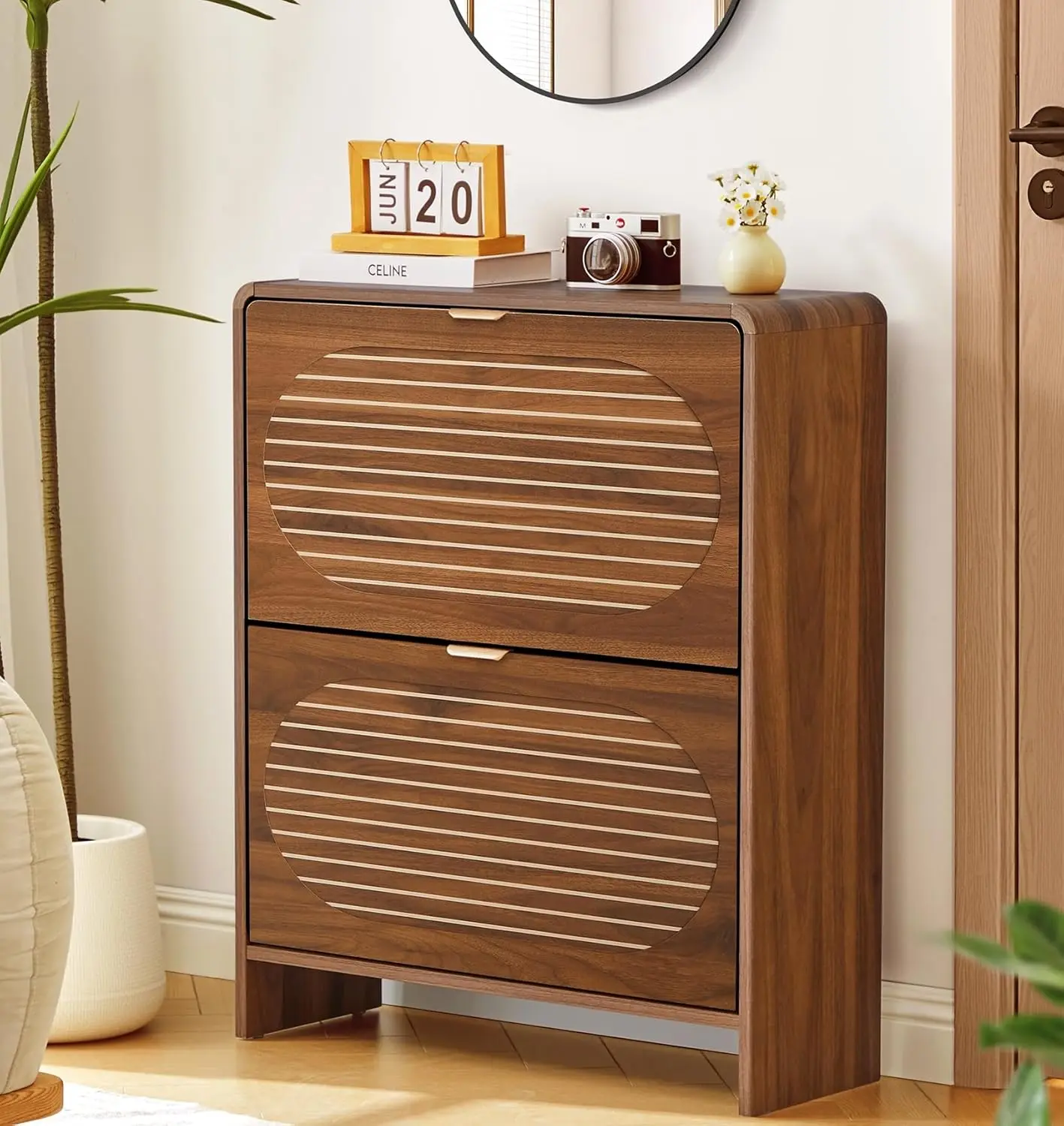 

Narrow Shoe Storage Cabinet for Entryway with 2 Flip Drawers, Freestanding Wood Shoe Cabinet with Arched Stripe, Customized