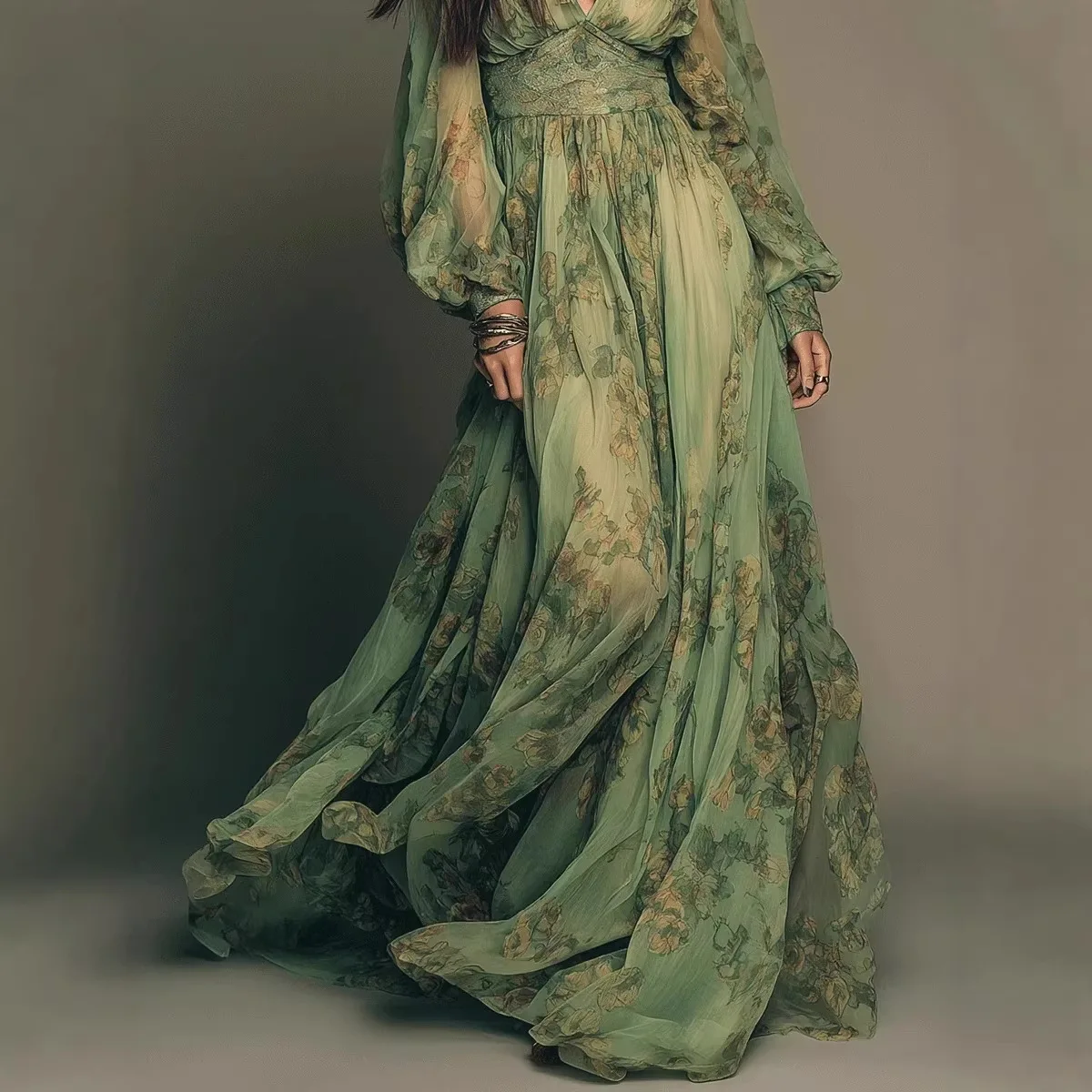 et.UNIVER 3D Floral A-line Dress グリーン Green Floral Print Maxi Dress Women Summer A-Line