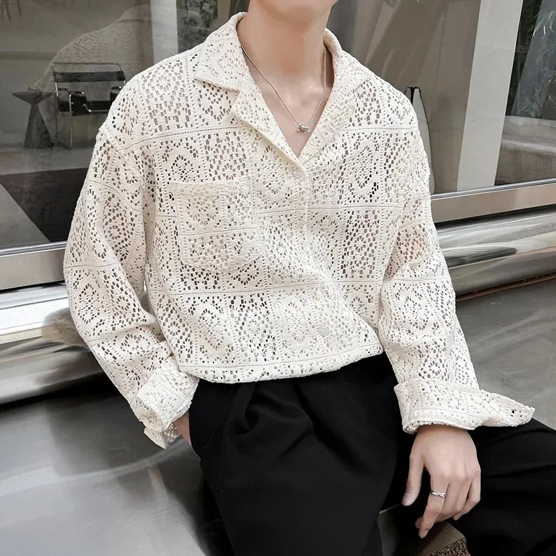 

Spring Autumn Mens Shirts Hollow Out Long Sleeve Casual Blouse Slim Fitting Elegant Social Shirts for Men Pullover Men Clothing