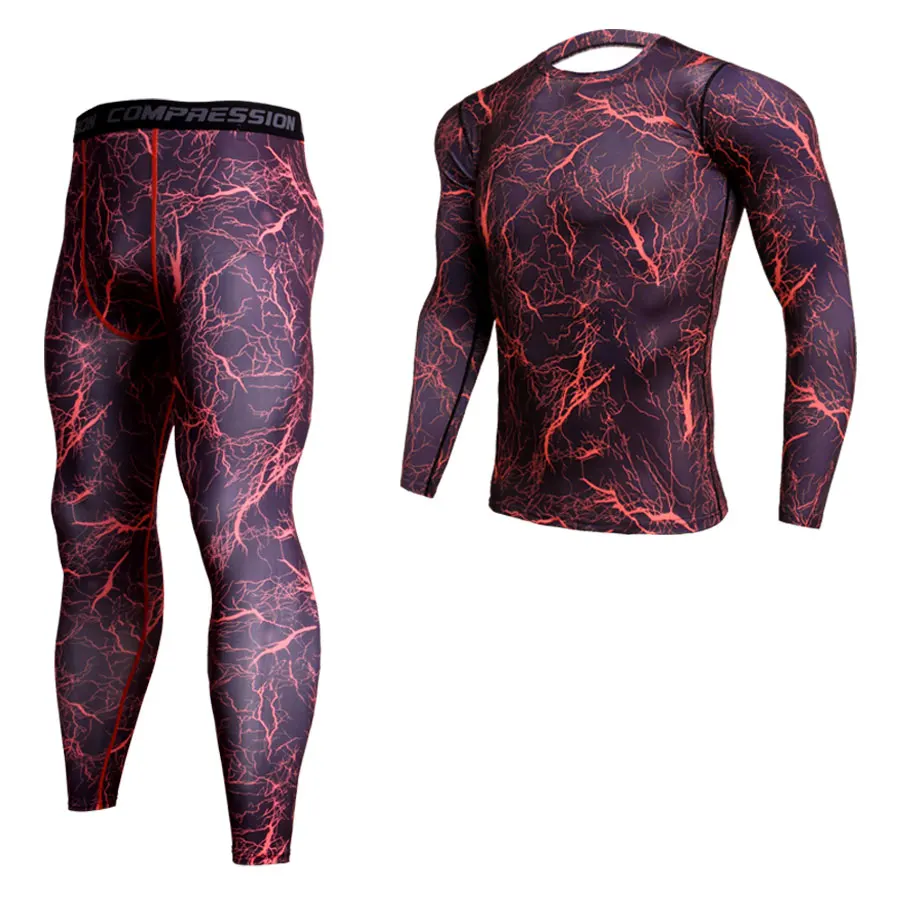 2 peças de compressão MMA manga longa t-shirt e leggings conjunto para homens, kit rashguard, camisola de camuflagem, fitness roupa interior térmica