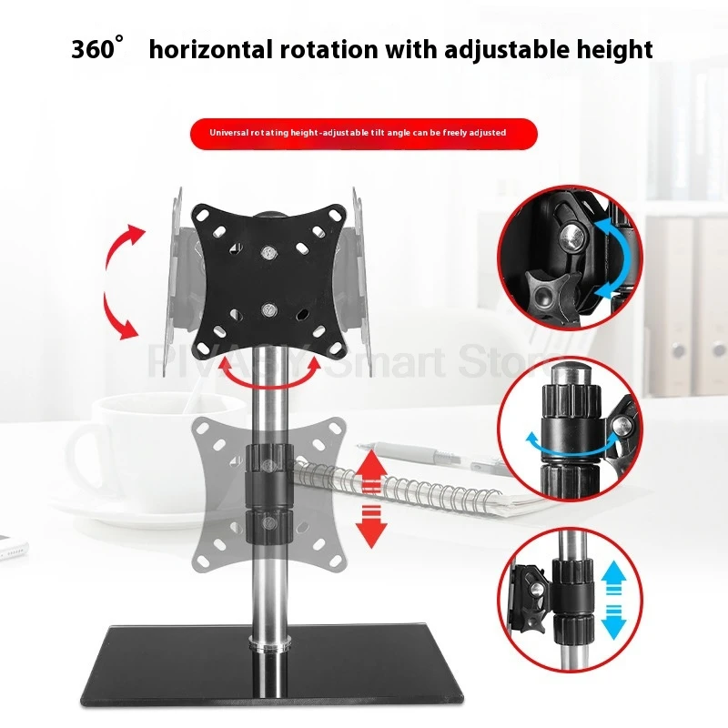 14-32 インチ画面 360 用ユニバーサル モニター スタンド °   回転高さ調節可能な強化ガラスベースデスクトップマウント多機能