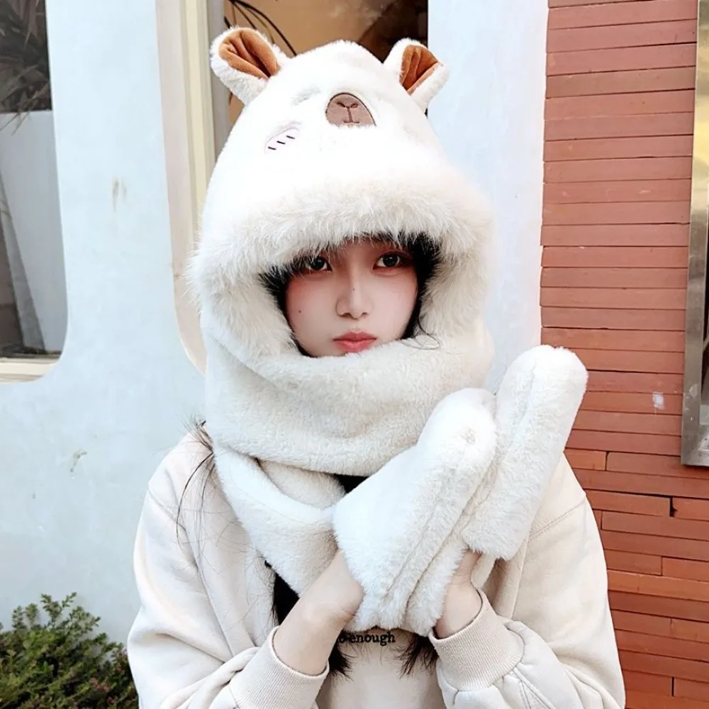 Faux Rabbit Hair Capybara Hat Scarf Gloves Set Cartoon Soft Plush Hooded Scarf Korean Style Ear Big Pullover Hat Students