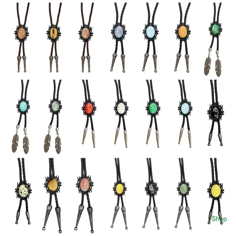 

Dropship Faux Leather Rope Bolo Tie Necklace with Black Frame Stone Pendant Western Cowboy Adjustable Necktie for Men and Women