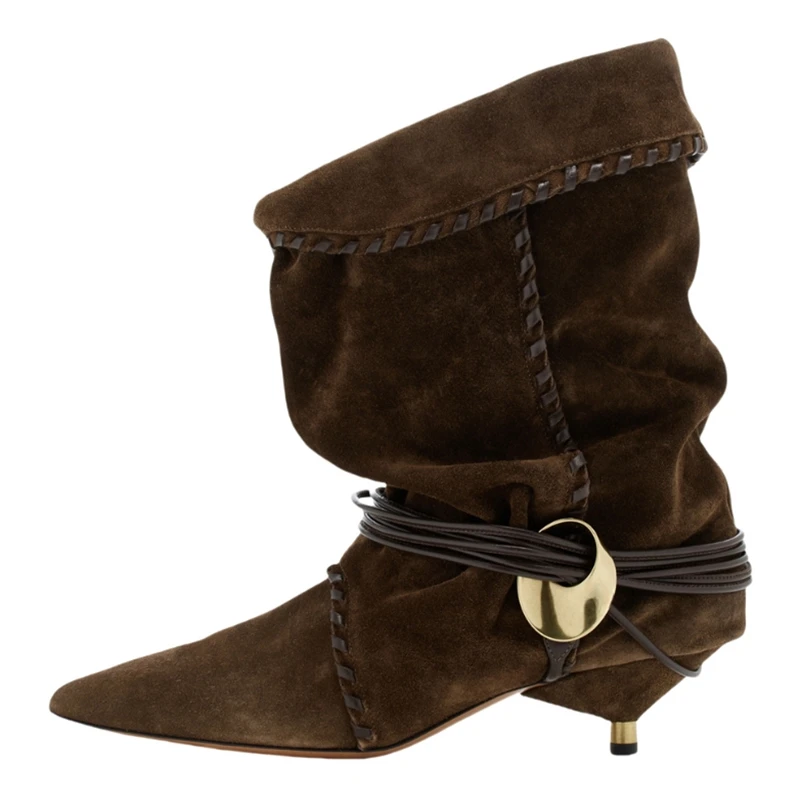 

Vintage Brown Suede Kitten Heel Ankle Boots Pointed Toe Cross Straps Stretch Fabric Short Heels Women Short Booties Black