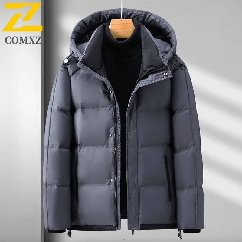 COMXZ Men Down Jacket Classic Hood Commuting Office Windproof Warm Parka Solid Color Hiking Travel Lightweight Winter Down Coat
