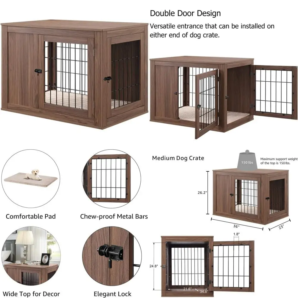 صندوق كلب سلكي خشبي متوسط مع وسادة وأبواب مزدوجة، بيت للحيوانات الأليفة على طراز الأثاث مقاس 36 بوصة