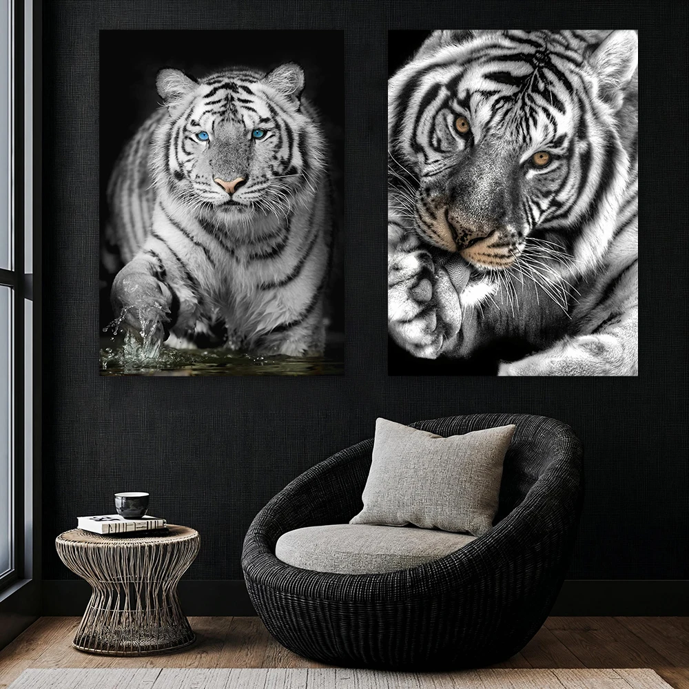 Black & White Blue Eyed Tiger Canvas Painting Wild Animal Wall Art Poster Lion Head Prints Leopard Canvas Painting Office Decor