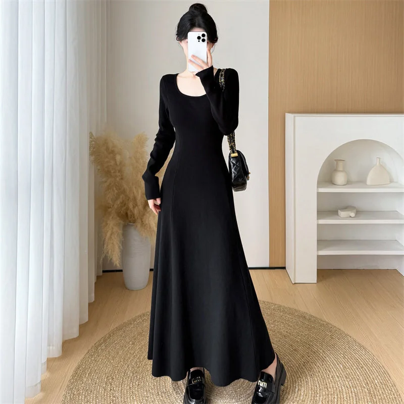 

New Women Simplicity Elegant Sweater Dress Autumn Winter Fashion Square Collar Long Sleeve Slim Knitted Dress A-Line Sweater