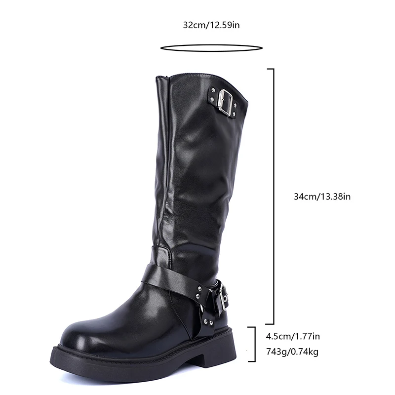Buckle Decor Long Knight Boots for Women Autumn Black PU Leather Knee High Boots Woman Plus Size Fashion Riding Botas Mujer