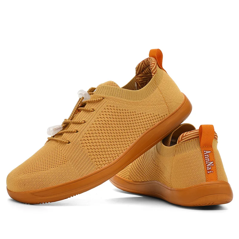 Men Women Yellow Wide Toe Knit Sneakers Elastic Quick Laces Breathable Mesh Flat Gum Sole Lightweight Daily Walking Casual Shoes