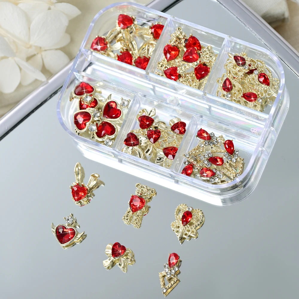 6칸 3D 럭셔리 메탈 합금 하트 지르콘 네일 아트 참 장식품, 홀로그램/리본/곰/토끼 모양, 레드 하트 글라스 라인스톤 네일 데코