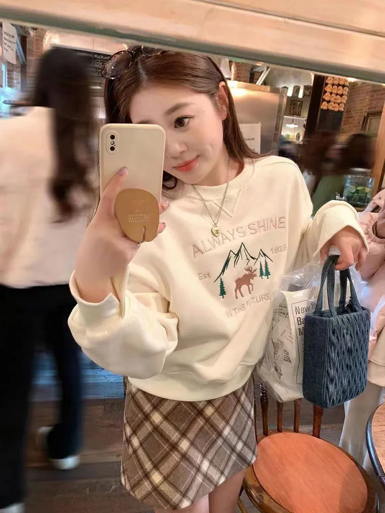 

Korean Style Fleece Lined Short Women's Sweatshirt Long Sleeve round Neck Fashionable Inner Wear for Autumn Winter