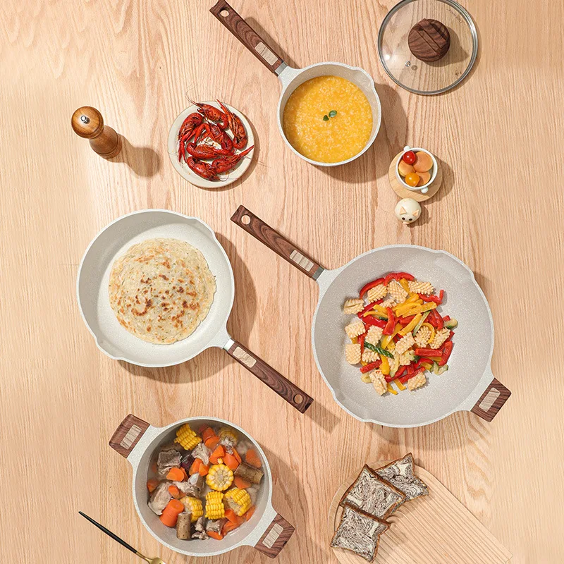 Aluminum Nonstick Cookware Set 4pcs Kitchen Frying Pan Saute Soup Pot Egg Pan with Glass Lids for  Induction Cooker