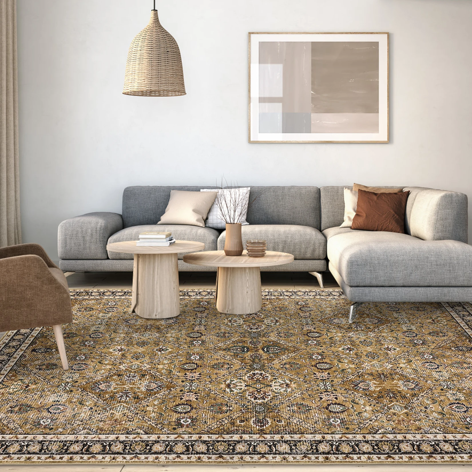 Rug for Living Room, Machine Washable, Non-Slip,Stain & Water Resistant, Low-Pile Moroccan Trellis Hallway Vintage Foldable Rug