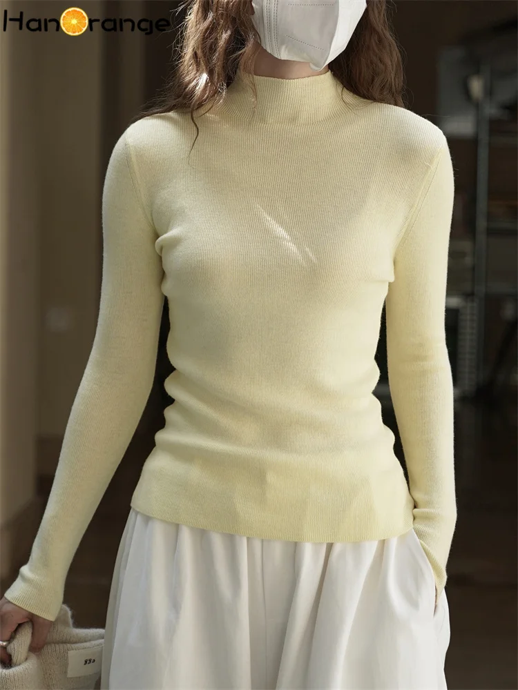 

HanOrange 2026 Весенне-осенний вязаный шерстяной свитер с воротником-стойкой для женщин, облегающий топ, желтый/темно-синий/мятно-голубой/красный