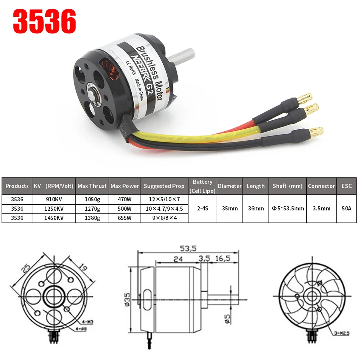 NEEBRC 2830 3536 3542 Outrunner Brushless Motor 2-4S for RC Plane Fixed-wing FPV Racing Drone Helicopter Engine Quadcopter