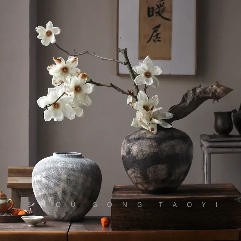 New Chinese Style Handmade Ceramic Vase Wabi Sabi Home Decor Flower Arrangement Ornament for Living Room Bedroom Table