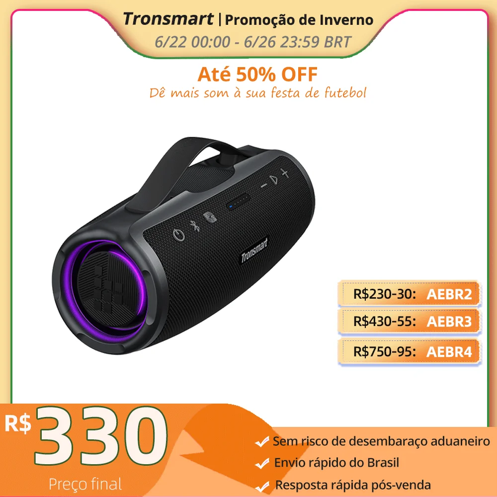 Tronsmart Mirtune S100 caixa de som, caixa som bluetooth com 50W, IPX7 à prova d'água, alça retrátil, Powerbank integrado