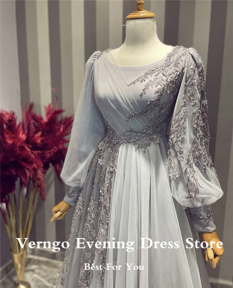 Verngo Modest Dubai Kaftan Evening Dresses Appplique Lace Puff Long Sleeves 3D Flowers Jewel Saudi Arabic Formal Prom Dresss
