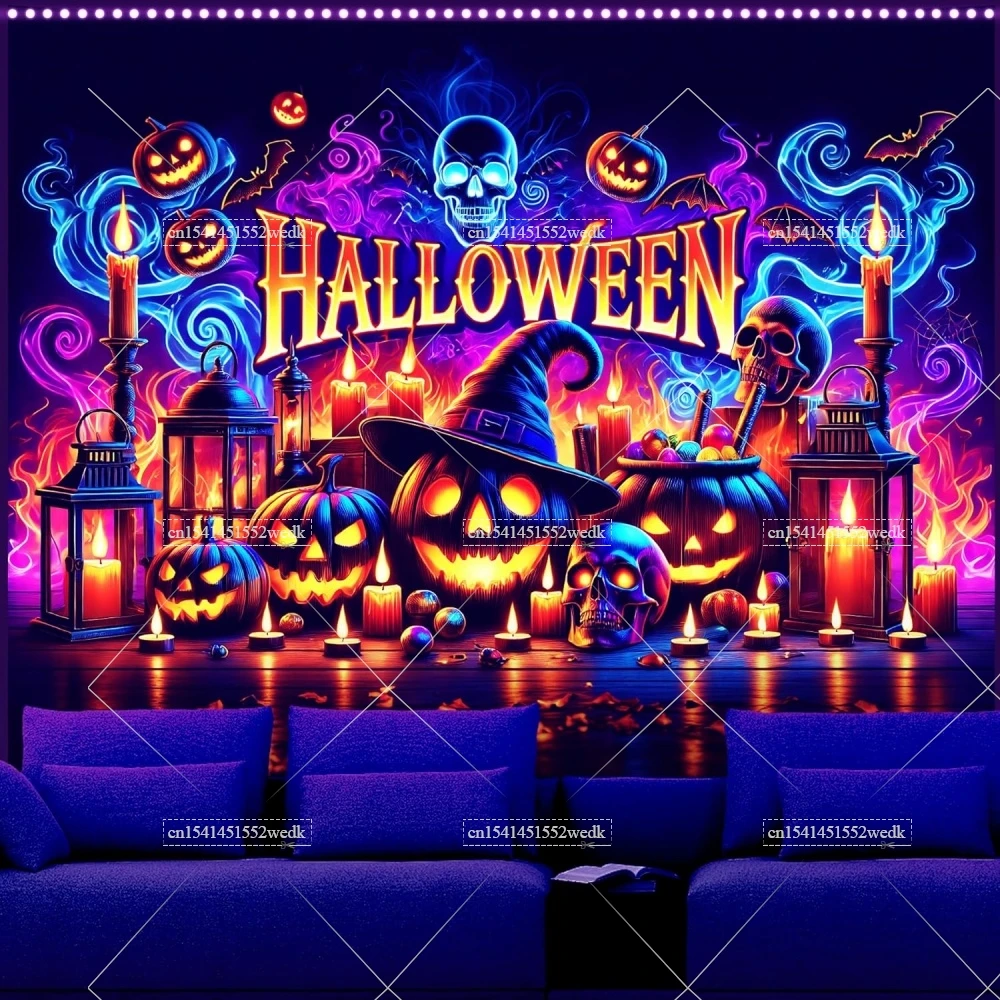 Glow In Dark Blacklight Halloween Tapestry UV Reactive Pumpkin Lantern Luminous Tapestrys Skull Fluorescent Party Backdrops