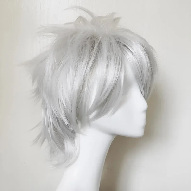 Parrucca Cosplay Anime bianca da uomo argento bianco corto Unisex parrucca taglio lupo commissione Spiky Costume rimbalzante parrucca Emo