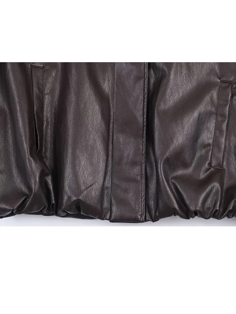 معطف نسائي شتوي أنيق من HH متعدد الاستخدامات مصنوع من الجلد الصناعي وياقة ثابتة وجيوب معطف نسائي عالي الشارع ملابس خارجية بحاشية مرنة غير رسمية