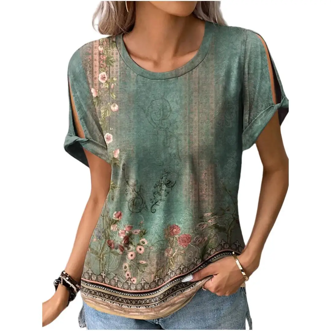 Short Sleeve Printed T-shirt Women\'s Summer Blouse 2024 Summer New Style Comfortable Ethnic Style Women\'s Casual Clothing Kadın