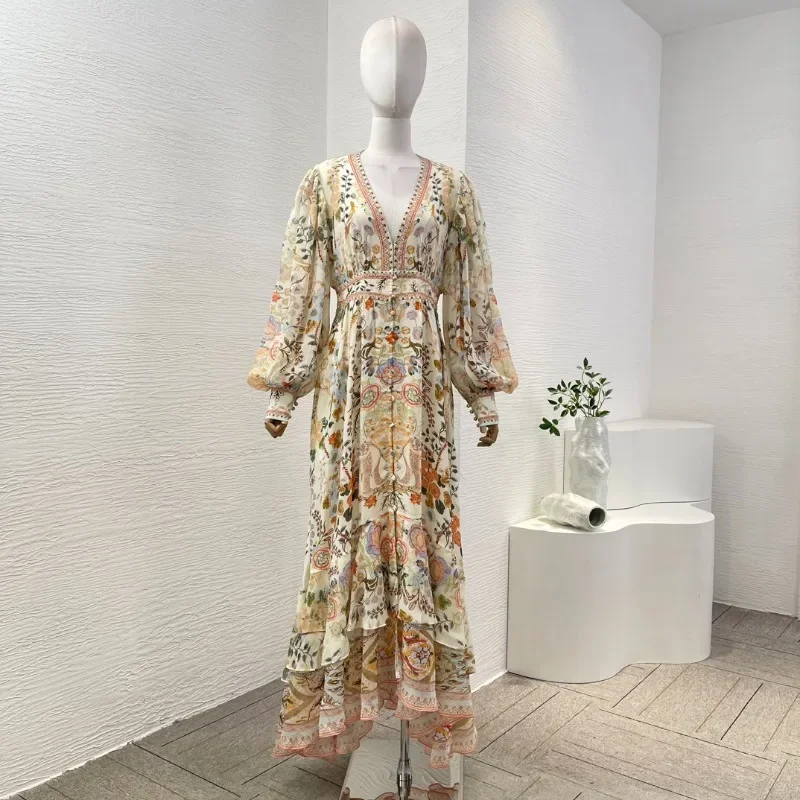 

Pure Silk 2024 High Quality Deep V-neck Diamonds New Multi-color Floral Print Shirred Lantern Sleeve Pleats Women Maxi Dress