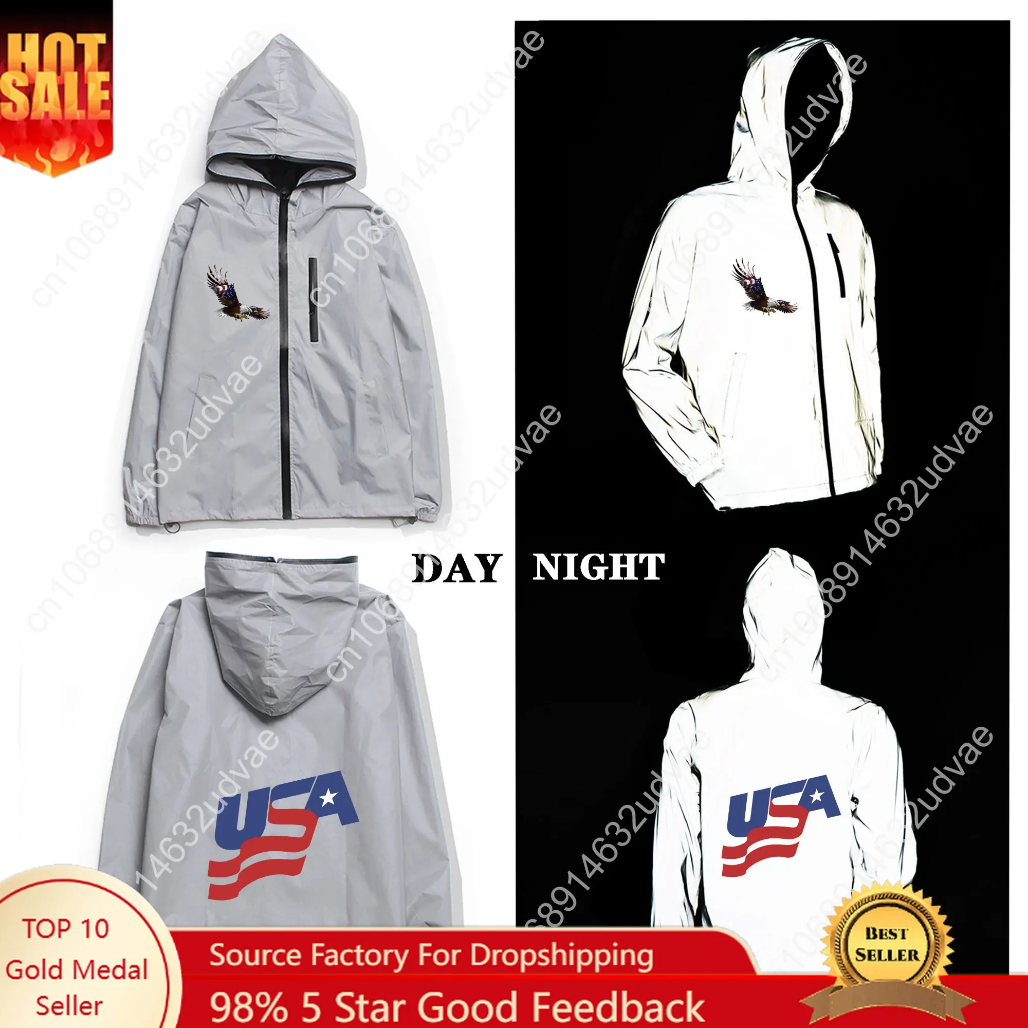 USA Flag Reflective Jacket Mens Womens Coat Hooded Windbreaker American Soccer Run Jackets Cycling Hiking Zipper Custom Hoodie