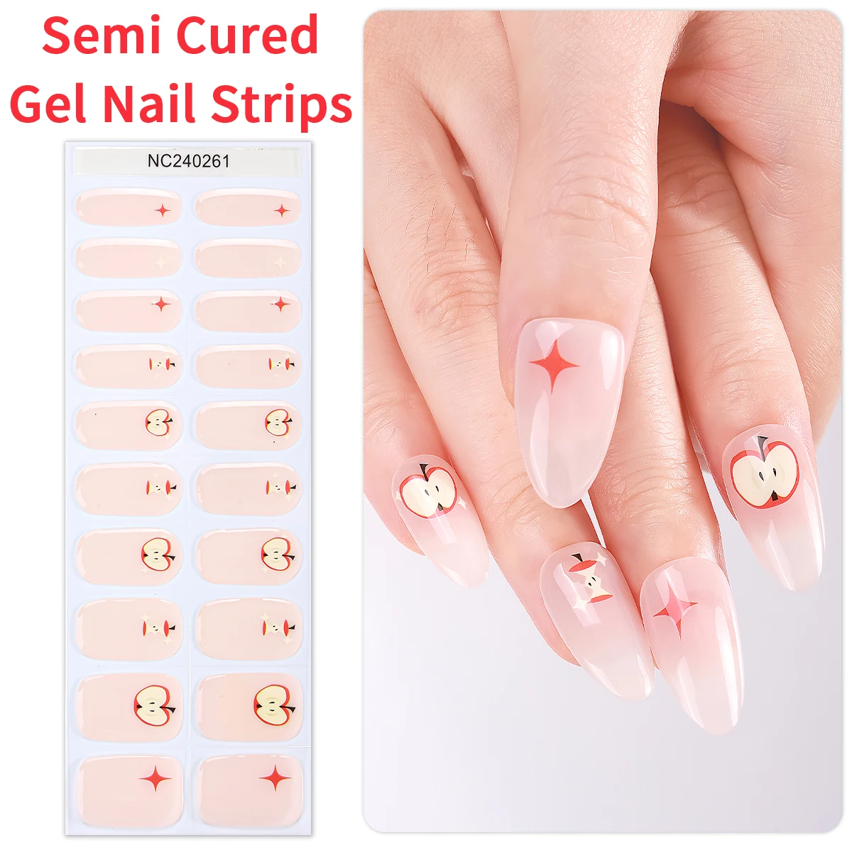 20Tips French Semi Cured Gel Nail Strips Pink and White Heart Plaid Design Gel Nails Stickers For Women Manicure Decoration