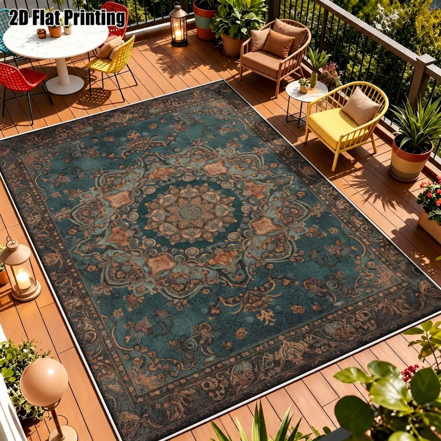 1Pc 2D Printed Velvet Carpet, Blue-Green Retro Floral, European & Bohemian Style, Multi-Size, Machine Washable, Home Decor & Multi-Use Mat