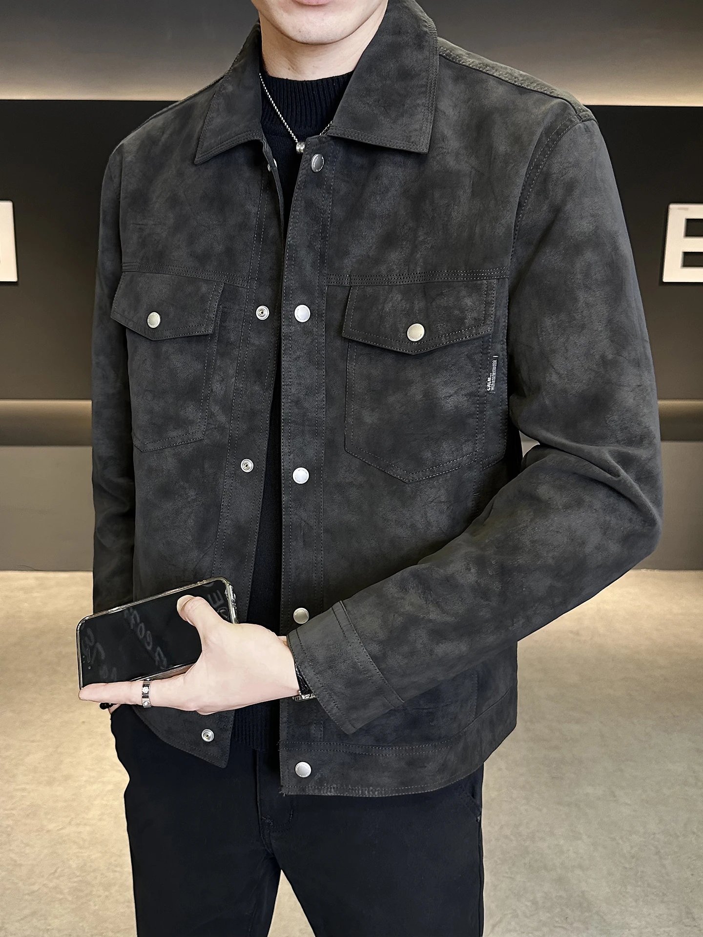 

Autumnal Tie-Dye Waed Men's ort Collar Leather Jaet Versatile Youthful Sle Long Sve Casual Faion Outerwear