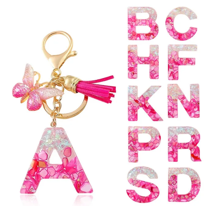Pink Stone Filled Resin Letter Keychain A-Z 26 Initials Name Butterfly Tassel Pendant With Key Holder Luggage Backpack Tag Decor