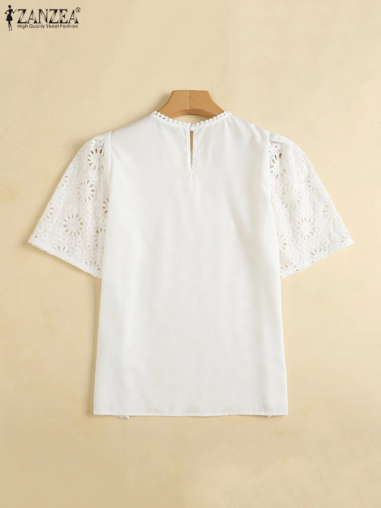 ZANZEA Korean Fashion Hollow Out Embroidery Blouses Women Summer Casual Short Sleeve Lace Patchwork Blusas Holiday Tops Feminina