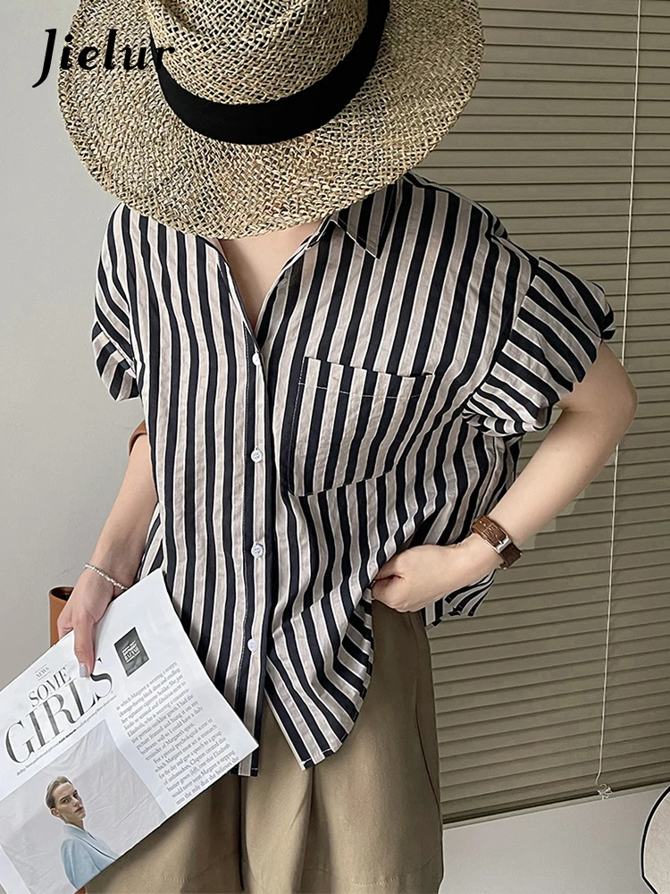 Jielur Striped Spell Color Polo Women's Shirts Summer Lantern Sleeve Single Breasted Simple Loose Chic Fashion Ins Female Shirts