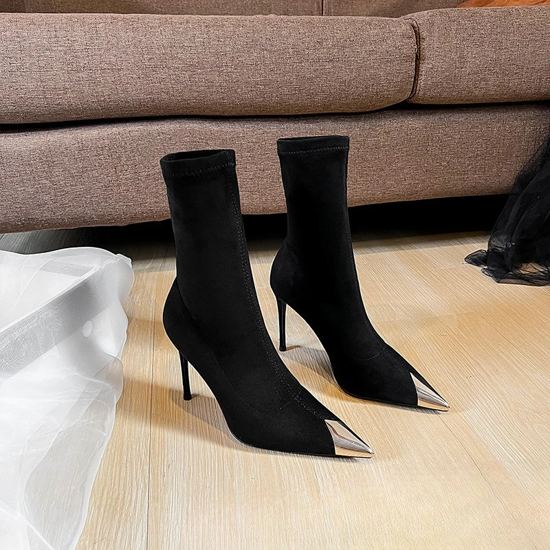

Black Pointed Toe Stiletto Heel Boots Women Fashion Ankle High Heels Vulcanized Shoes New Arrival