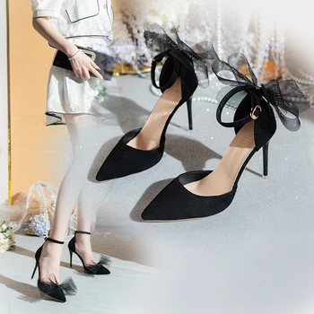 Tulle Bow Heels Designer Stiletto High Heels Women Pumps 2022 Wedding Shoes Bride Ladies Party Prom Shoes Big Size 44 45