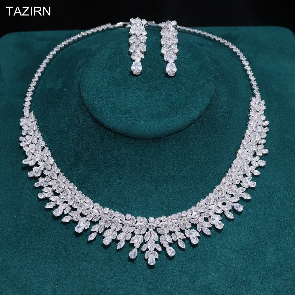 TAZIRN Arabic Dubai 5A Cubic Zirconia 2PCS Wedding Jewelry Set for Women Party Banquet Handcrafted CZ Necklace and Earrings Gift