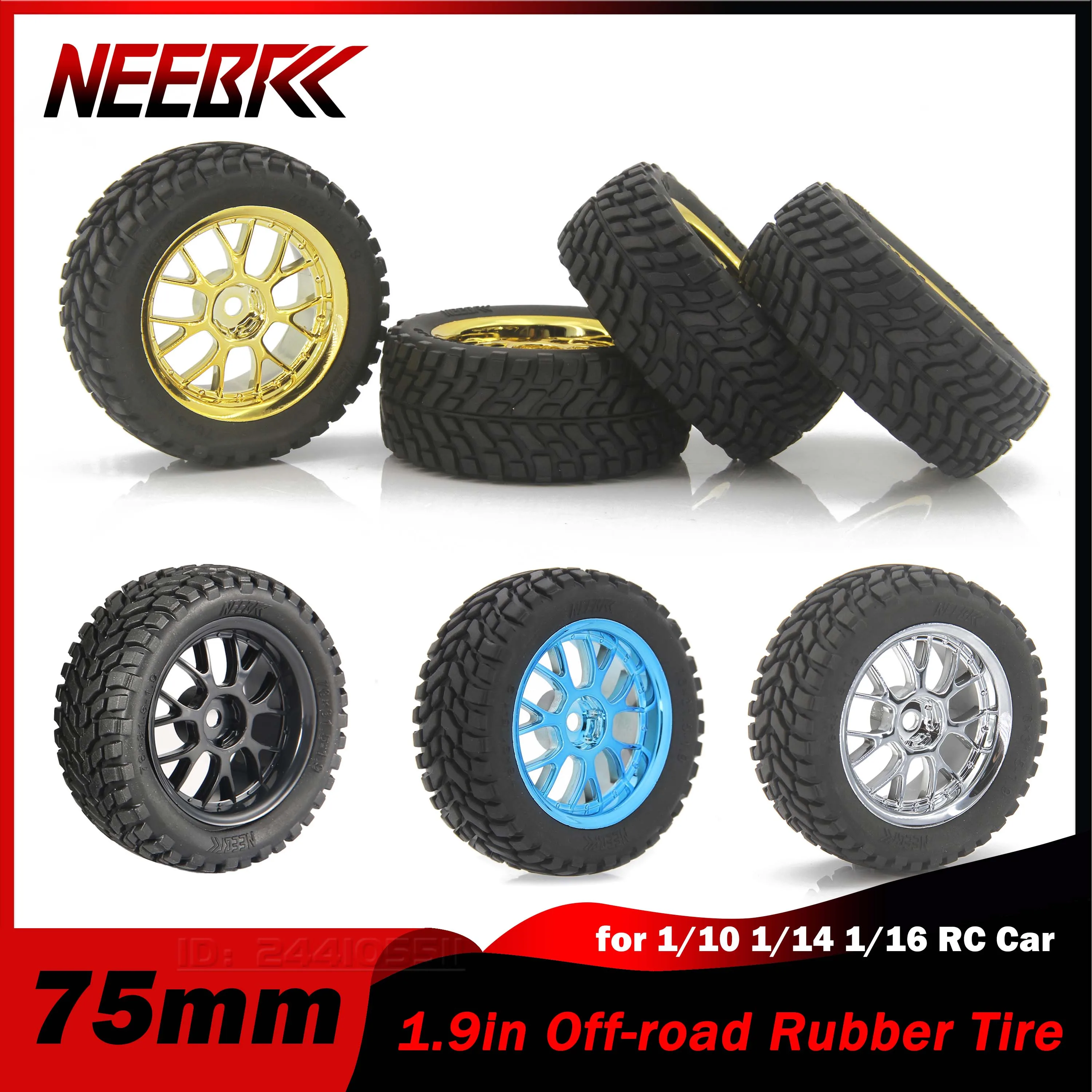 

4PCS NEEBRC 75mm 1.9in Off-road Rubber Tire Hard Plastic Wheel Rim Tyre Hex Hub for 1/10 1/14 1/16 RC Car HSP HPI Wltoys 144001