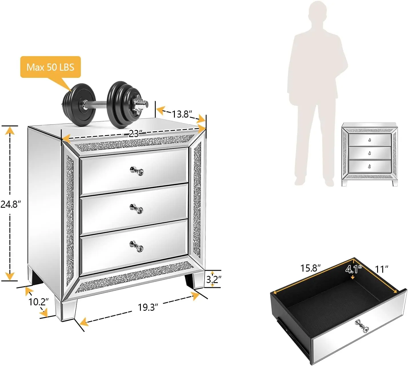 23-inch silver mirrored glass bedroom bedside table with storage.