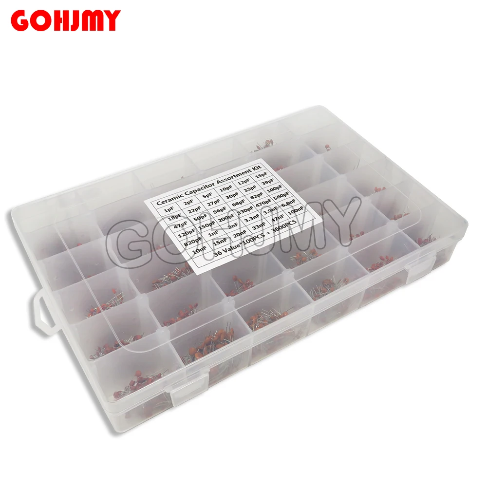 

3600PCS/lot 1PF-100nF Ceramic Capacitor Assortment Kit 10PF 22PF 33PF 47PF 100PF 330PF 470PF 1NF 10NF 47NF 50V Capacitors Set