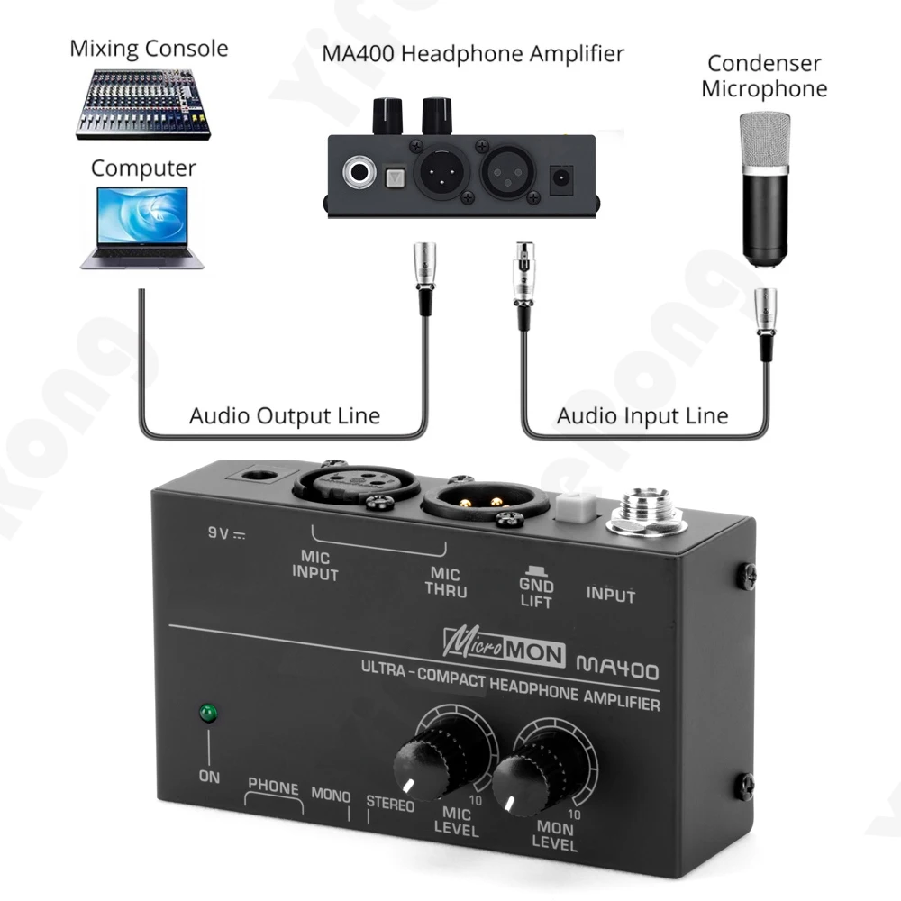 New Portable Headphone Amplifier Ultra-Compact Microphone Preamplifier MA400 Audio Stereo/mono Amp 6.35mm & 3.5mm Jack Preamp