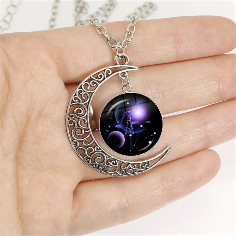 12 Constellation Scorpio Sagittarius Capricorn Aquarius Pendant Silver Color Crescent Moon Necklace Jewelry Birthday Gift