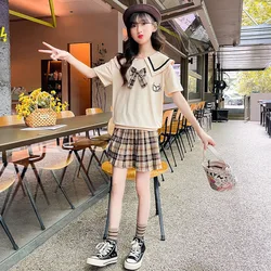 2024 summer Girls Clothes teenager bear short sleeve t-shirt + checked plaid JK pleated skirt uniform 4 5 6 7 8 9 10 11 12 years