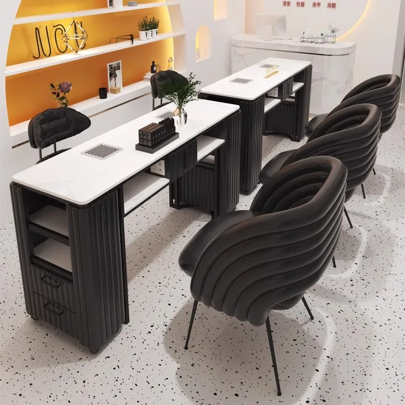 White Stone Top Double Setaer Nail Salon Manicure Nail Table and Chair Modern Black Nail Technology Table with Dust Collector