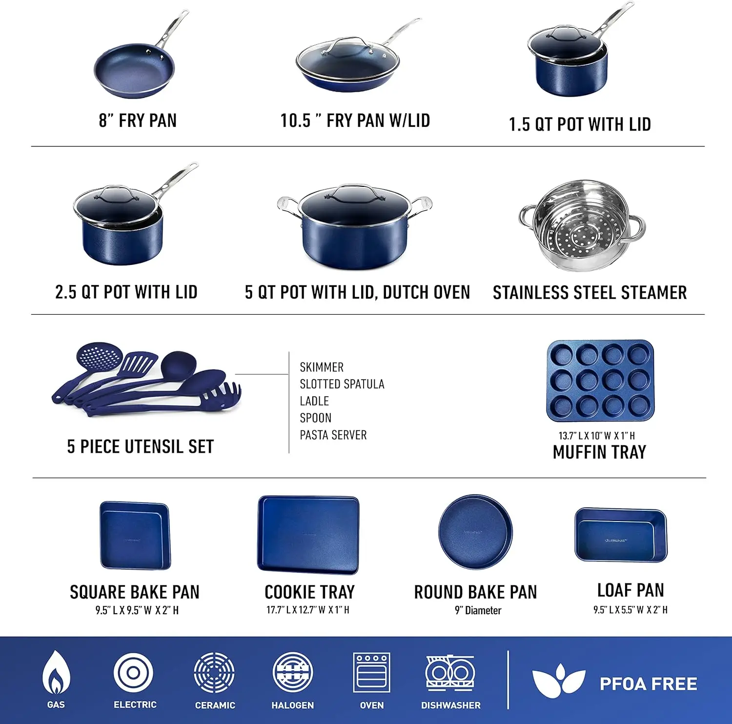 Ultra Nonstick Durable Mineral & Diamond Coating 100% PFOA PFAS Free Cookware, Metal Utensil Oven & Dishwasher Safe-Blue