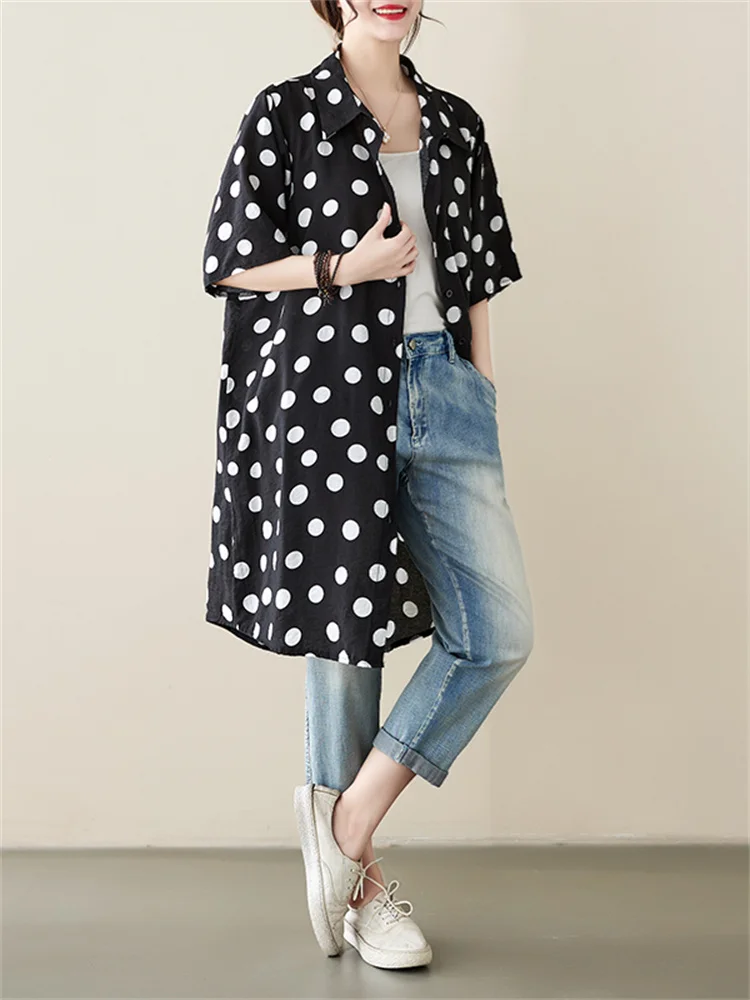 Oversized Zomer Katoenen Linnen Polka Dot Casual Vrouw Overhemd Jurk Vrouw Grote Maat Shirt Jurk Korea Losse Mini Blouse Jurken